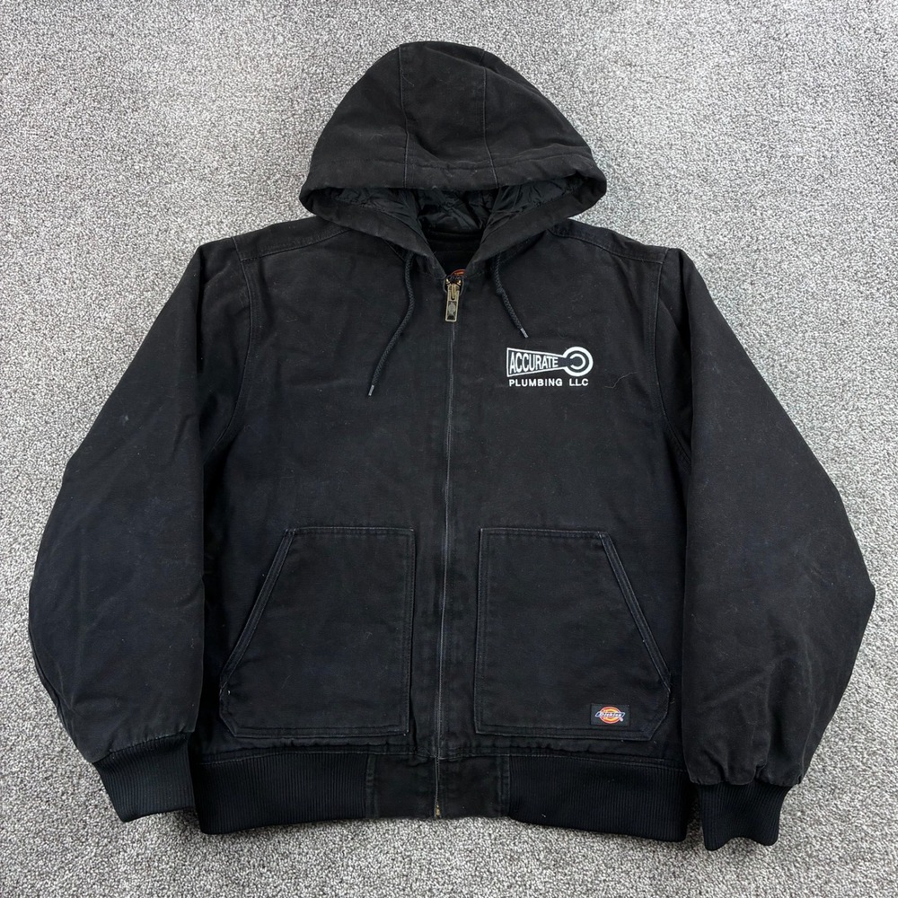 Dickies Hooded Canvas Jacket Mens XL Black Cotton Quilted Lined Workwear